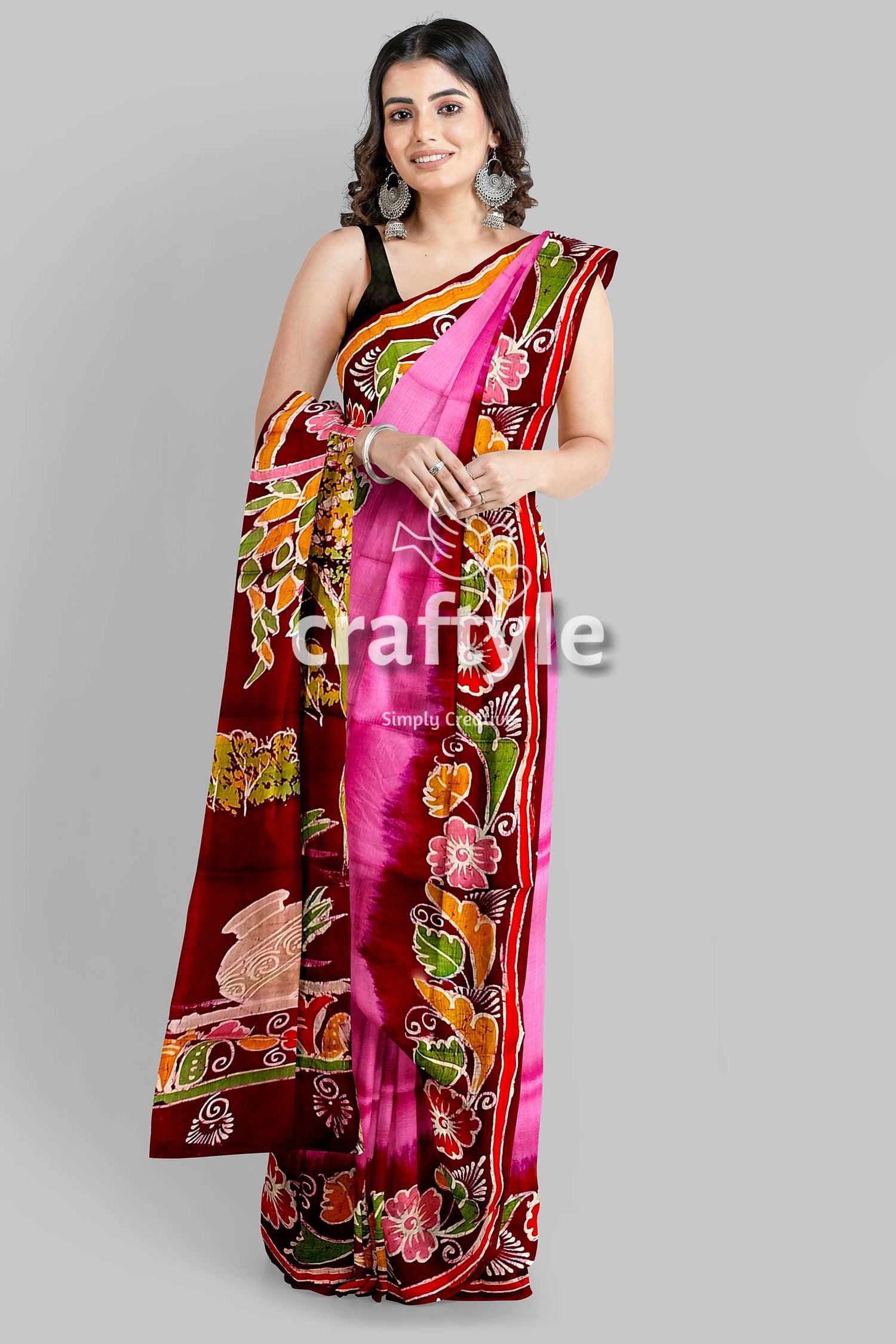 Pink Dark Burgundy Shakuntala Design Handcrafted Batik Pure Mulberry Silk Sari - Craftyle