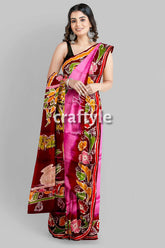 Pink Dark Burgundy Shakuntala Design Handcrafted Batik Pure Mulberry Silk Sari - Craftyle