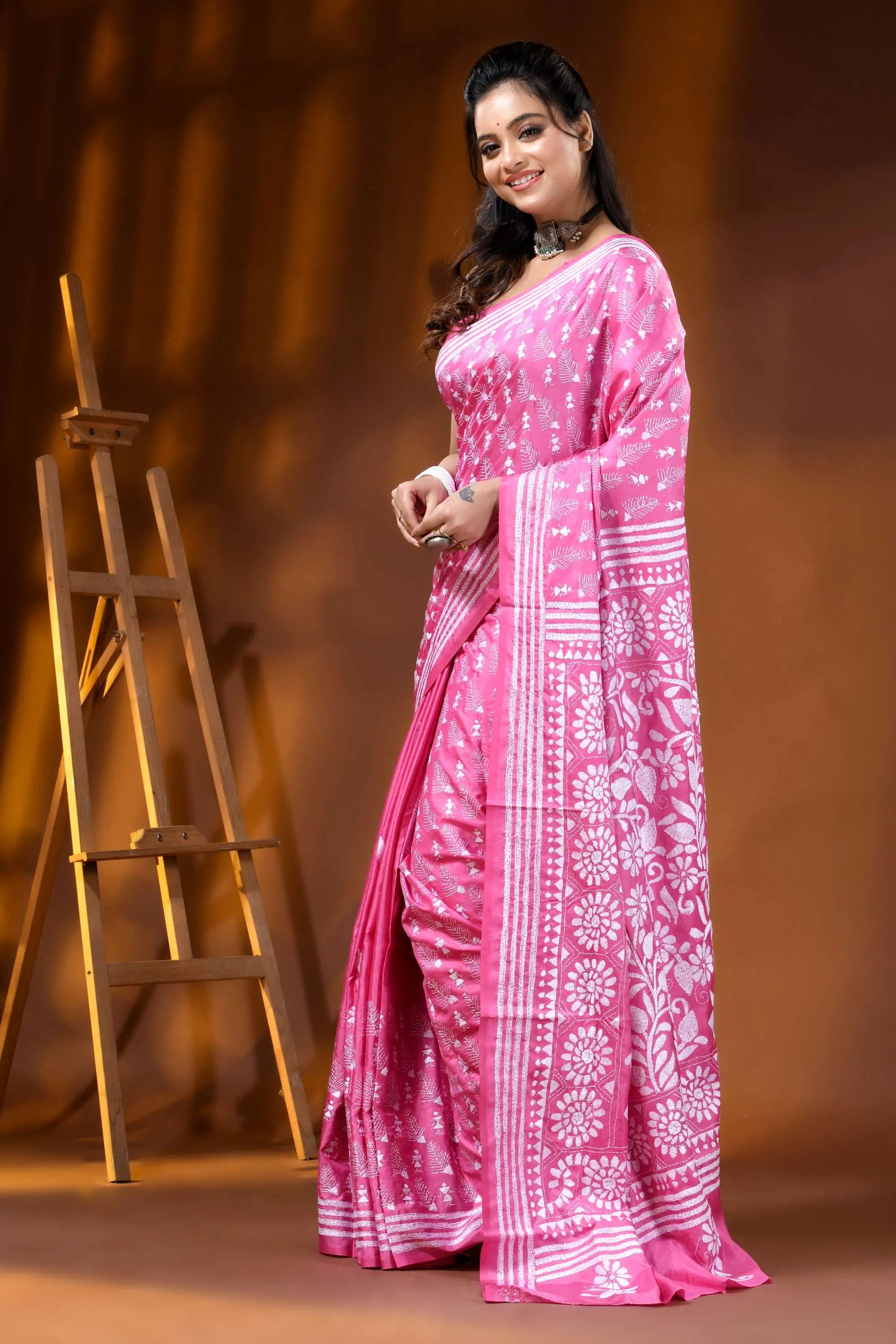 Pink floral motif hand embroidered kantha work silk saree 3