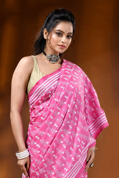 Pink floral motif hand embroidered kantha work silk saree 2