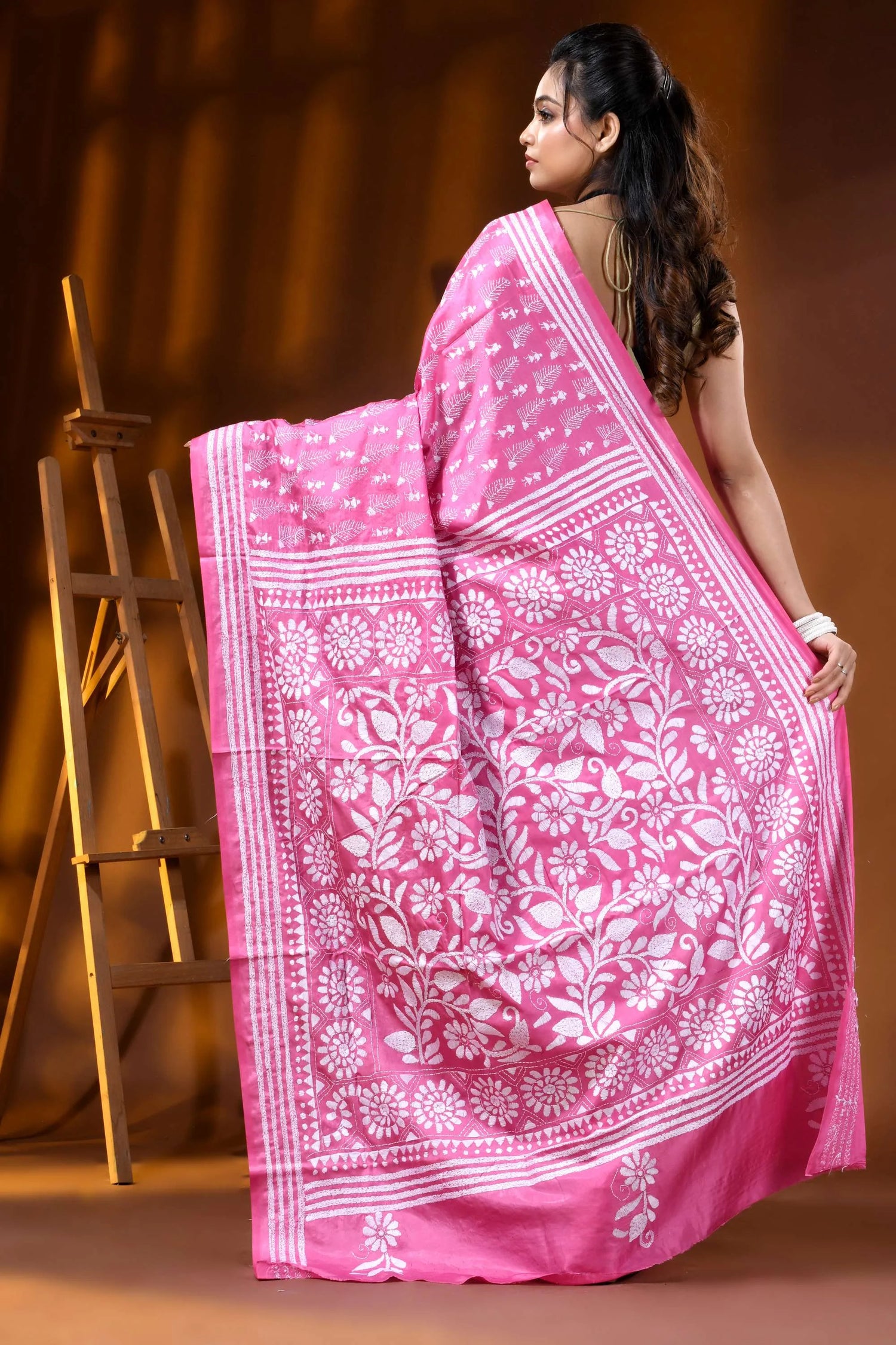 Pink floral motif hand embroidered kantha work silk saree 5