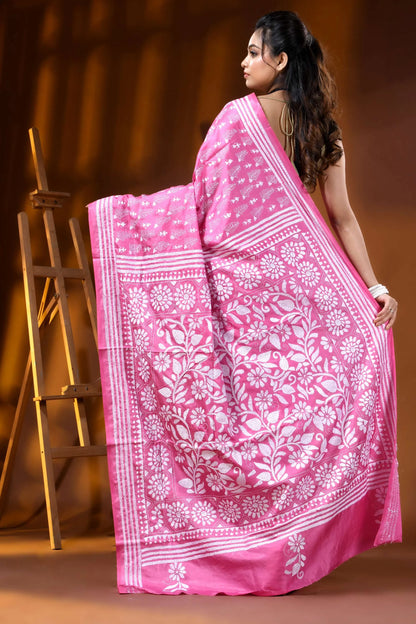 Pink floral motif hand embroidered kantha work silk saree 5