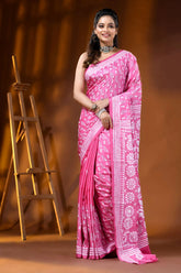 Pink floral motif hand embroidered kantha work silk saree 6