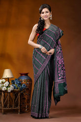 Pink floral motif kantha silk saree in jungle green - hand embroidery woman wears dark green pink 4