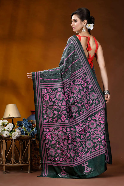 Pink floral motif kantha silk saree in jungle green - hand embroidery dark green saree intricate pink 5