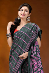 Pink floral motif kantha silk saree in jungle green - hand embroidery dark green pink patterned saree 2