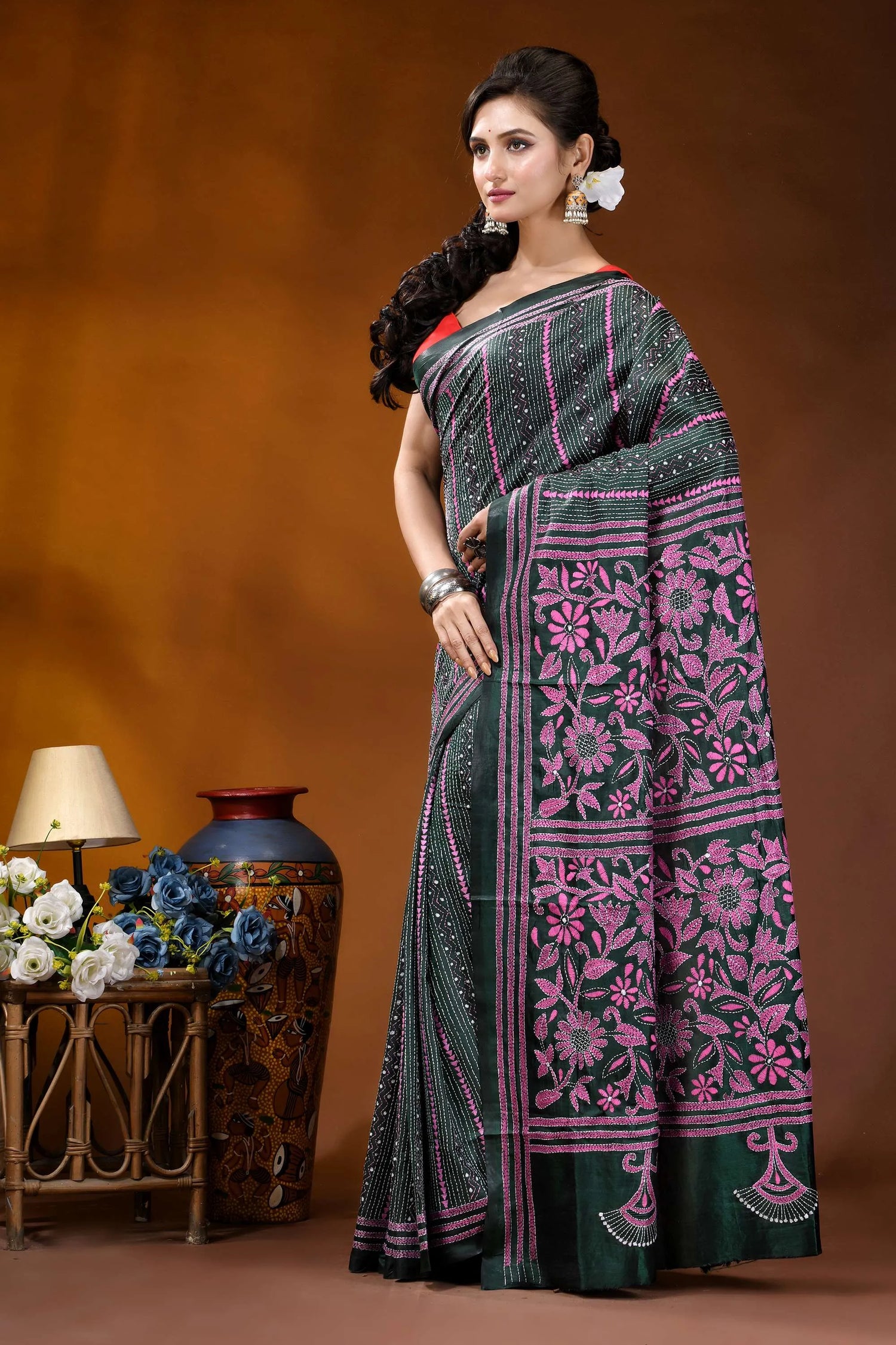 Pink floral motif kantha silk saree in jungle green - hand embroidery dark green saree intricate pink 3
