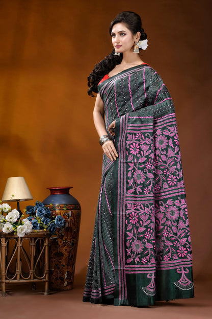 Pink floral motif kantha silk saree in jungle green - hand embroidery dark green saree intricate pink 3