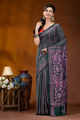 Pink floral motif kantha silk saree in jungle green - hand embroidery dark green saree intricate pink 6