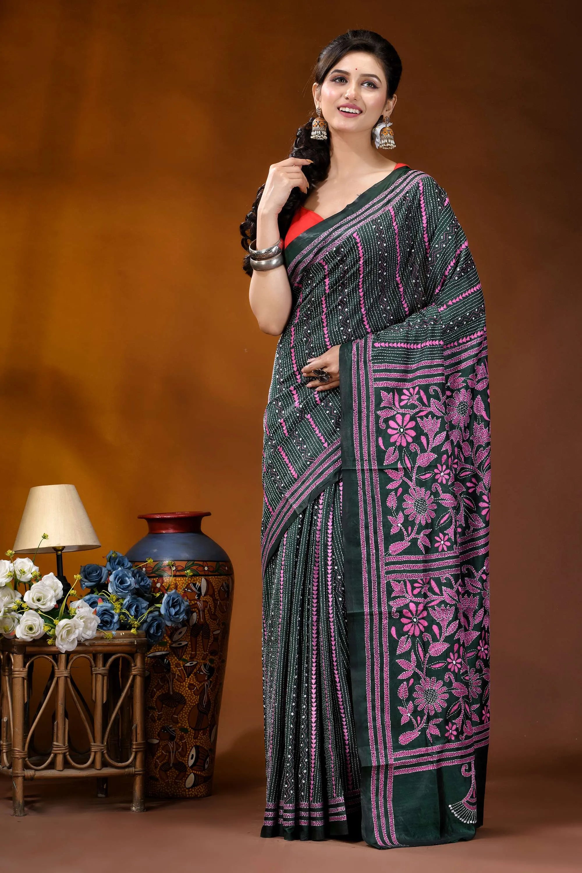 Pink floral motif kantha silk saree in jungle green - hand embroidery dark green saree intricate pink 6