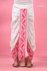 Pink jamdani border mayur puccha silk dhoti - ready to wear white pink embroidered sarong floral 3