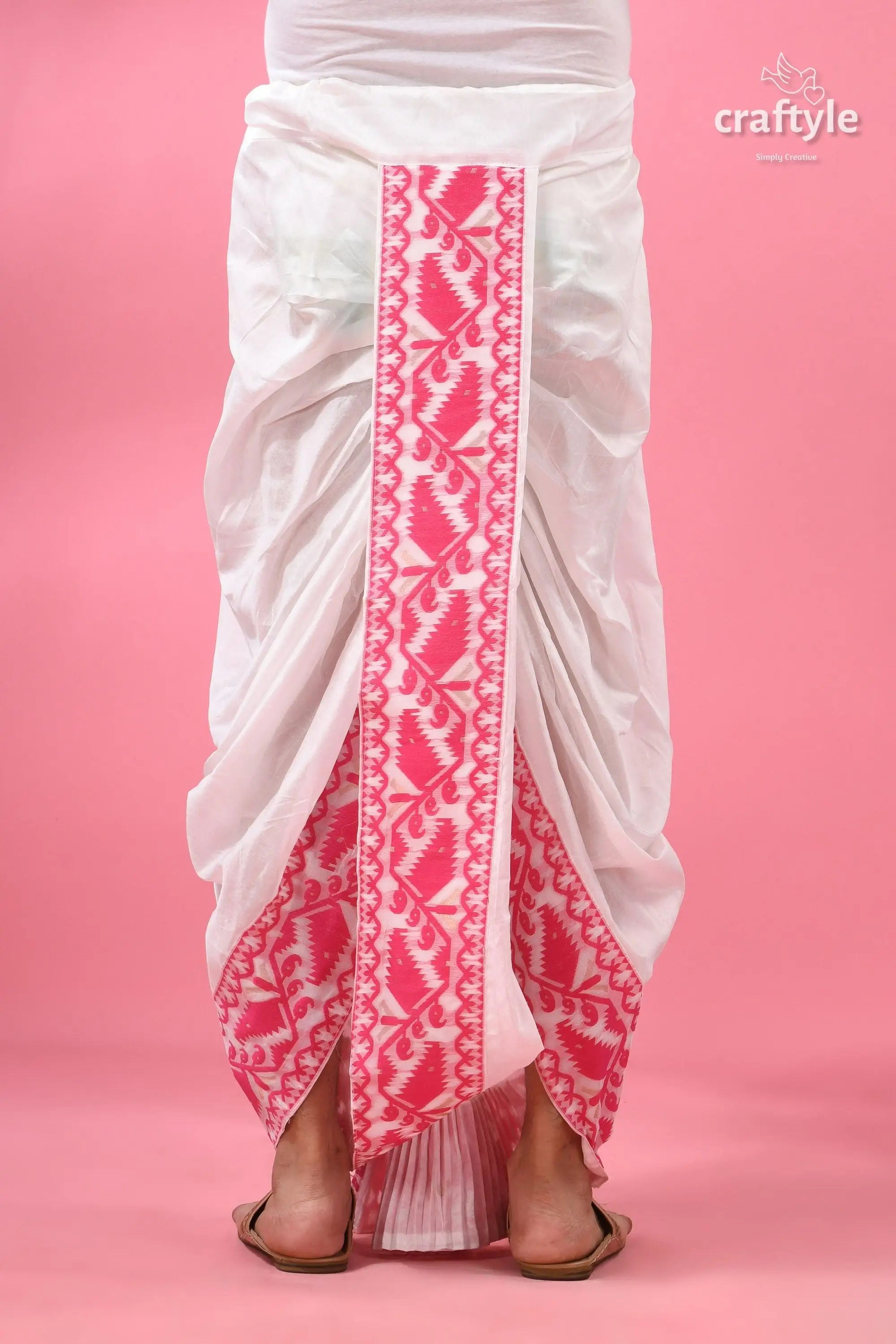 Pink jamdani border mayur puccha silk dhoti - ready to wear white pink embroidered sarong floral 3