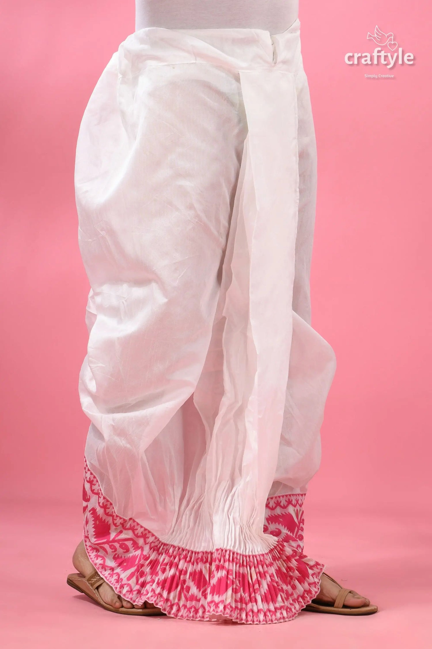 Pink jamdani border mayur puccha silk dhoti - ready to wear white cotton pants pink embroidered 2