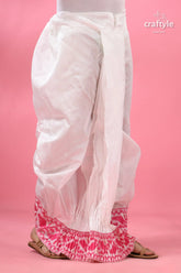 Pink jamdani border mayur puccha silk dhoti - ready to wear white cotton pants pink embroidered 2
