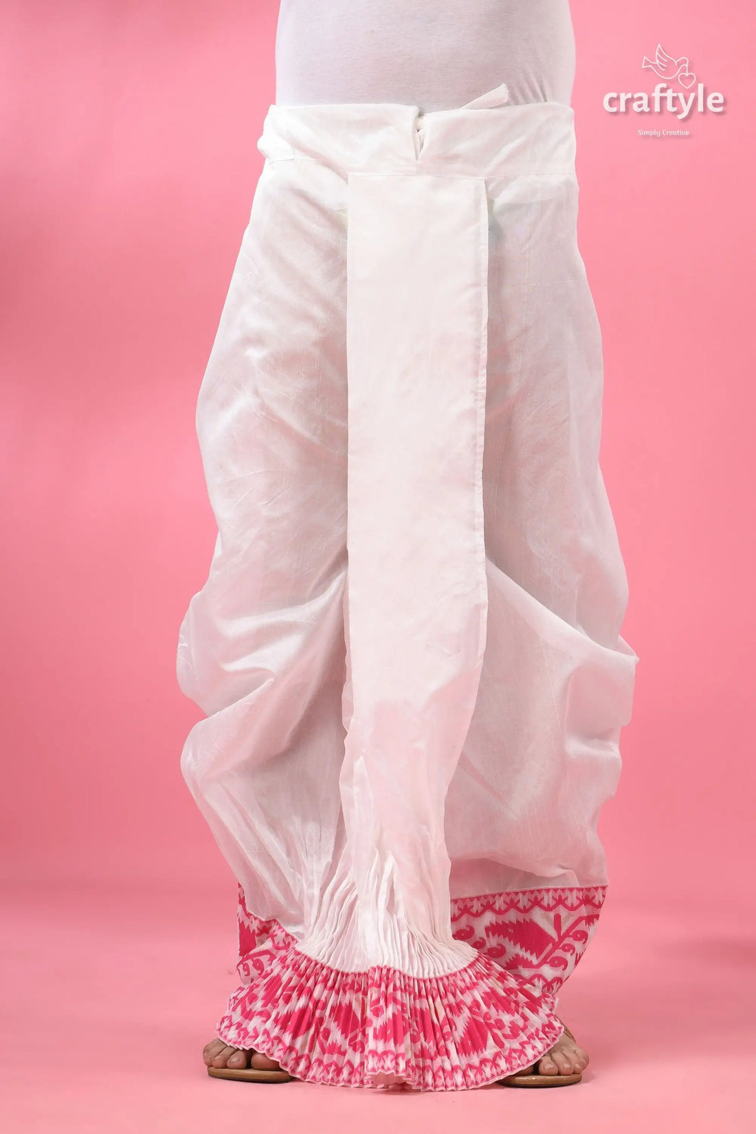 Pink jamdani border mayur puccha silk dhoti - ready to wear white cotton pants pink ikat 1