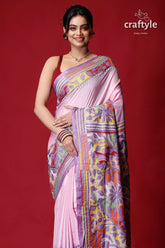 Pink Lavender Dyed Kantha Silk Saree - Reverse Stitch-Craftyle