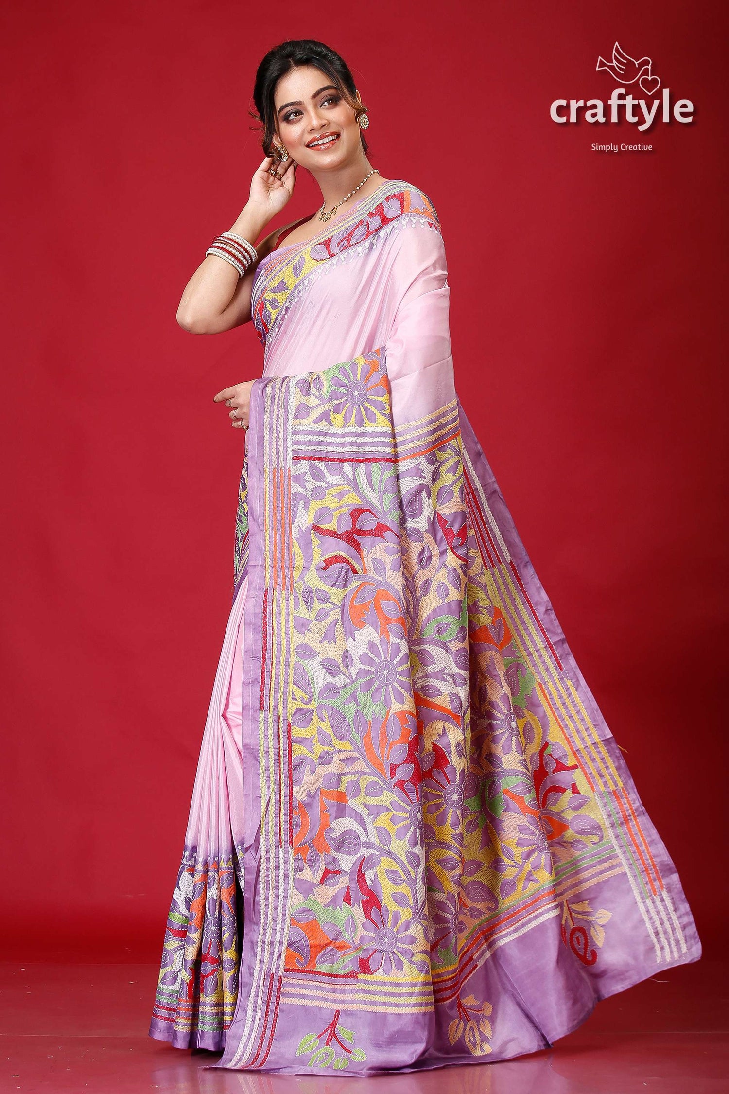 Pink Lavender Dyed Kantha Silk Saree - Reverse Stitch-Craftyle