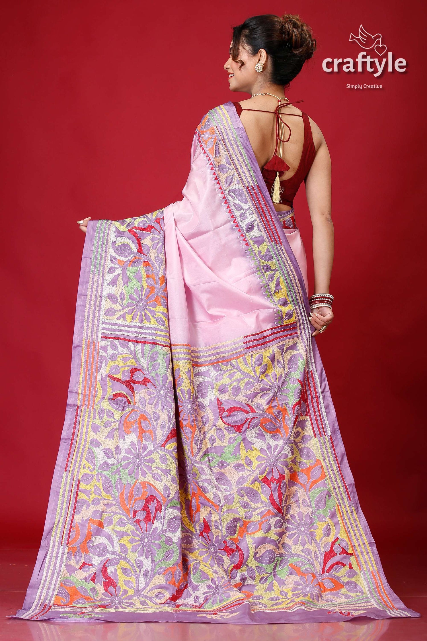 Pink Lavender Dyed Kantha Silk Saree - Reverse Stitch-Craftyle