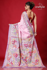 Pink Lavender Dyed Kantha Silk Saree - Reverse Stitch-Craftyle