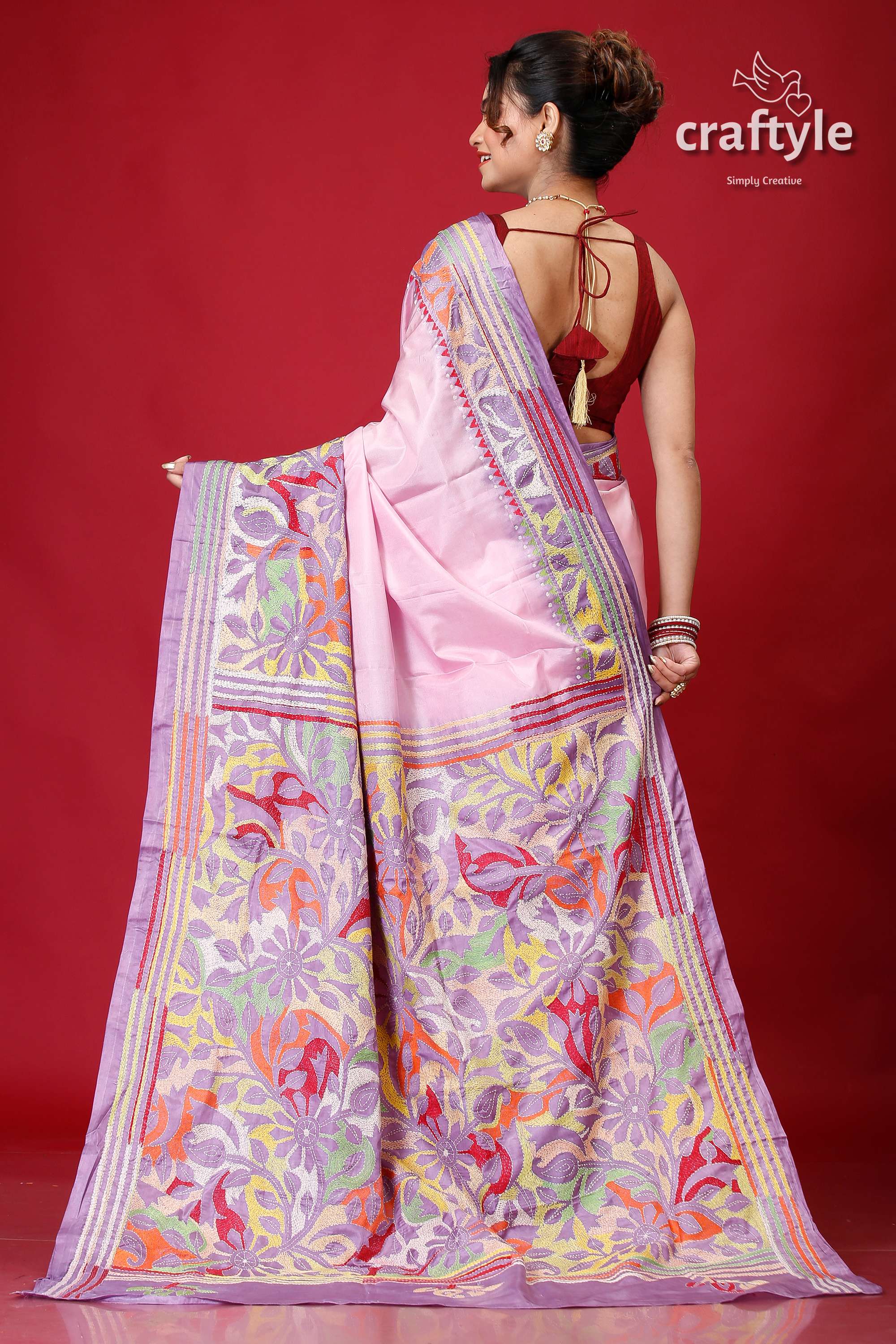 Pink Lavender Dyed Kantha Silk Saree - Reverse Stitch-Craftyle
