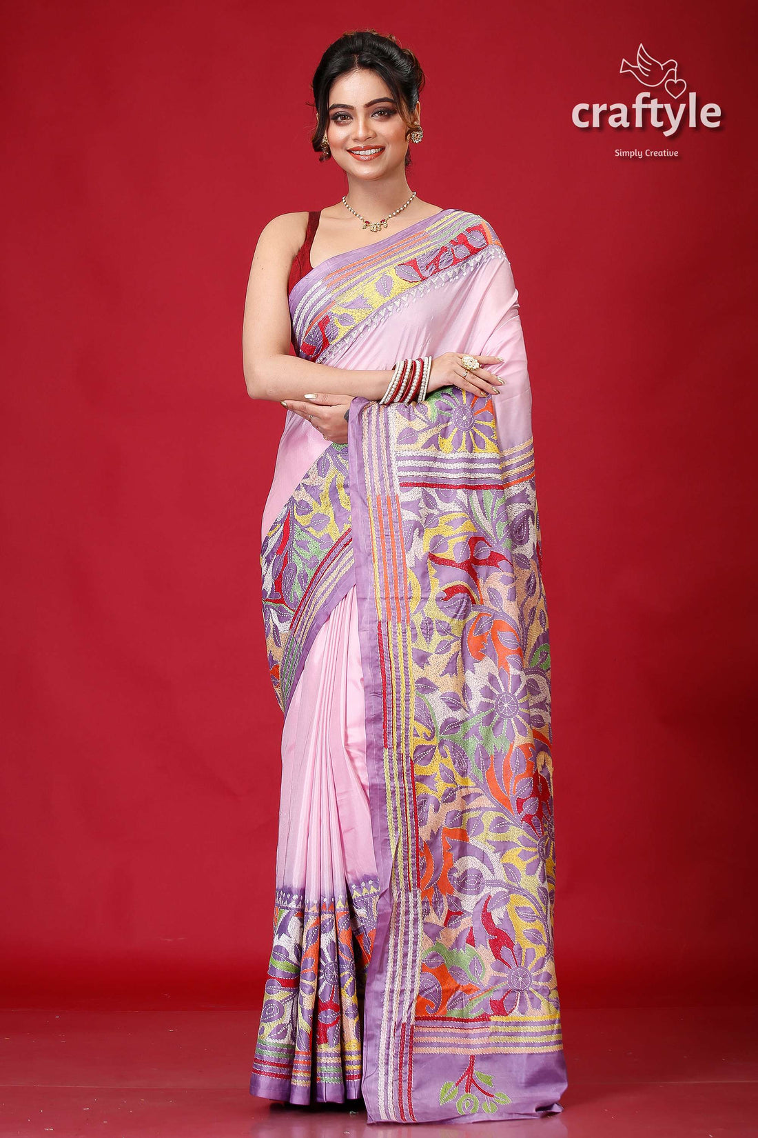 Pink Lavender Dyed Kantha Silk Saree - Reverse Stitch-Craftyle