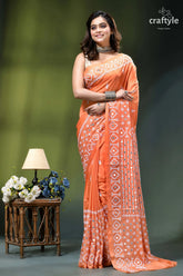 Pink orange designer gujrati stitch silk saree with mirror detailing woman wears orange saree intricate 6