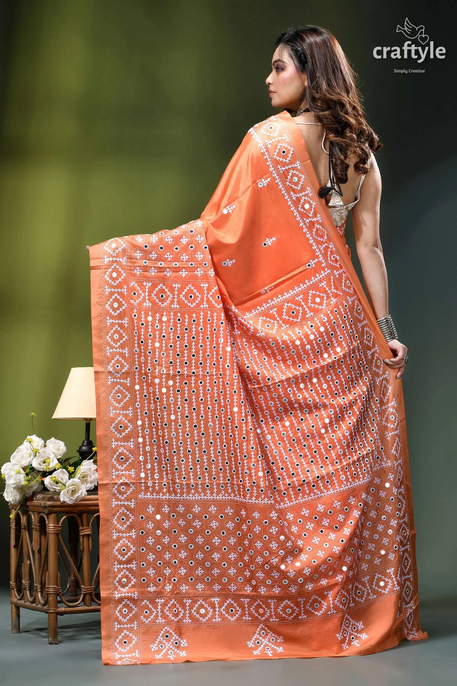 Pink orange designer gujrati stitch silk saree with mirror detailing orangish-orange saree intricate white black 5