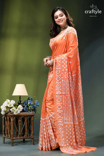 Pink orange designer gujrati stitch silk saree with mirror detailing vibrant orange saree intricate white 3