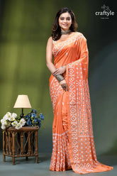 Pink orange designer gujrati stitch silk saree with mirror detailing orange saree white geometric embroidery 1