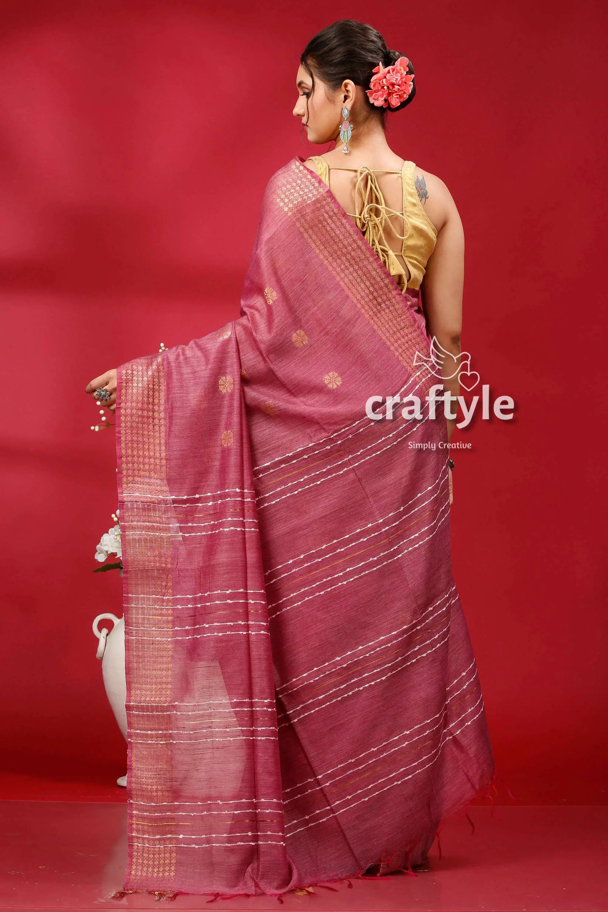Pink pearl soft ghicha silk saree with golden zari border - bhagalpuri mauve saree white stripes 5