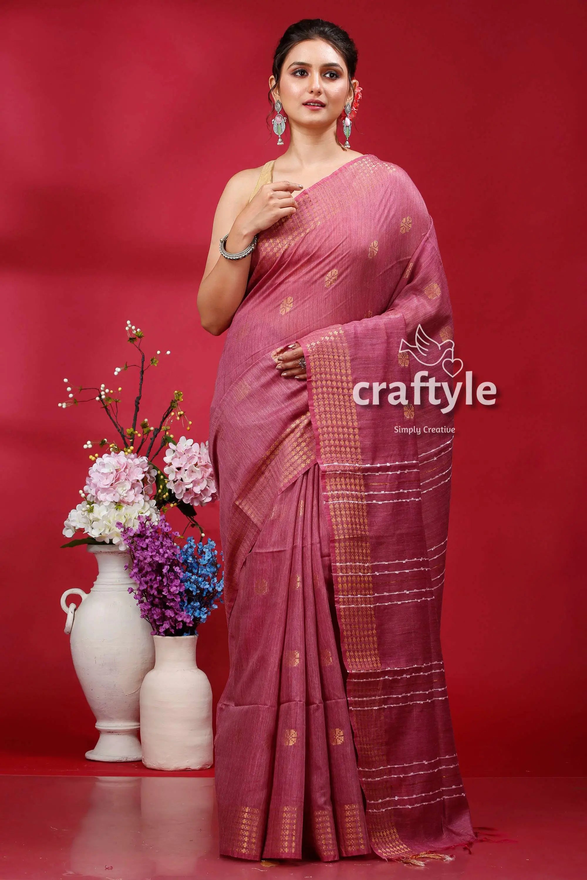 Pink pearl soft ghicha silk saree with golden zari border - bhagalpuri woman pink saree 1
