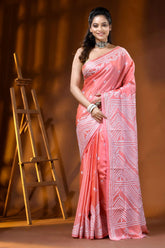 Pink silk kutch embroidery saree handmade geometric motif 6
