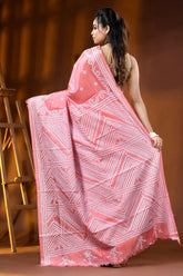Pink silk kutch embroidery saree handmade geometric motif 5