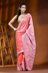 Pink silk kutch embroidery saree handmade geometric motif 4