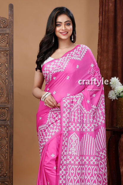Pink White Silk Kantha Saree with Gujrati Embroidery - Handcrafted-Craftyle