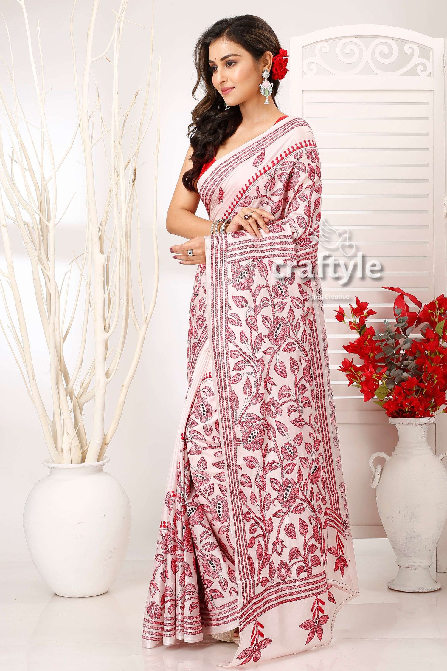 Pinkish White and Red Blossom Theme Silk Kantha Stitch Saree - Craftyle