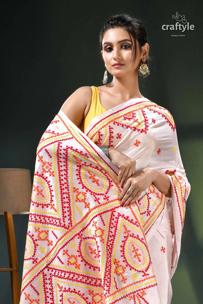 Pinkish white multithread kutch work exquisite silk kantha saree white pink embroidered saree yellow 2