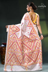 Pinkish white multithread kutch work exquisite silk kantha saree white pink embroidered saree geometric 6