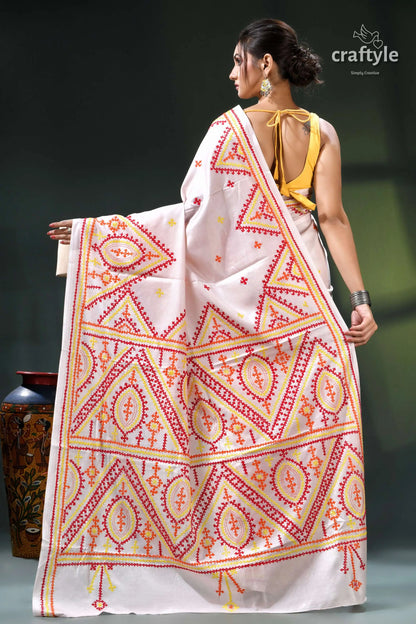 Pinkish white multithread kutch work exquisite silk kantha saree white pink embroidered saree geometric 6