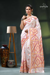 Pinkish white multithread kutch work exquisite silk kantha saree white saree red gold geometric 5