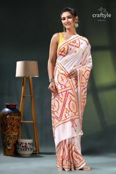 Pinkish white multithread kutch work exquisite silk kantha saree white orange patterned saree intricate 4