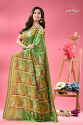 Pistachio green artisanal silk gujrati stitch saree green saree intricate paisley embroidery 3