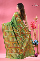 Pistachio green artisanal silk gujrati stitch saree green saree multicolor paisley embroidery 4