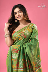 Pistachio green artisanal silk gujrati stitch saree woman green silk saree colorful 2