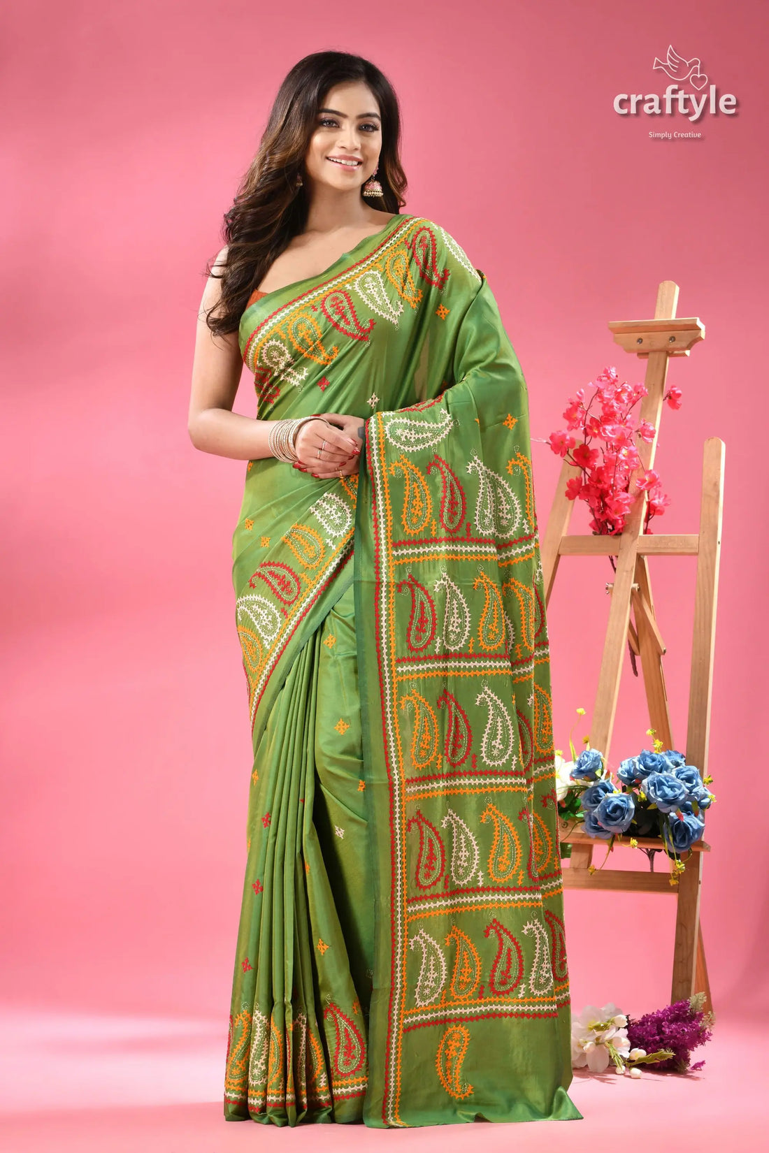 Pistachio green artisanal silk gujrati stitch saree woman green saree colorful paisley 1