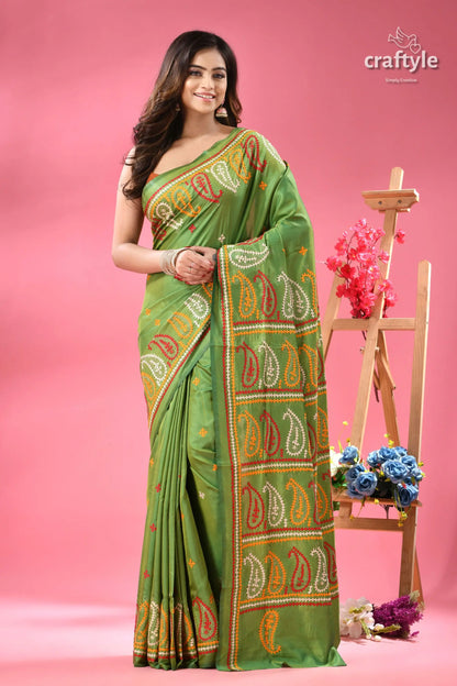 Pistachio green artisanal silk gujrati stitch saree woman green saree colorful paisley 1