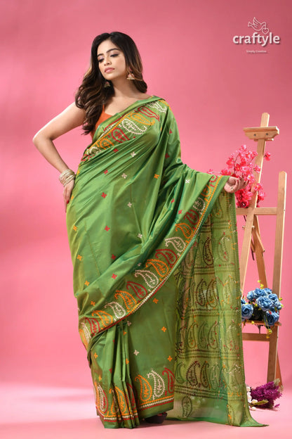 Pistachio green artisanal silk gujrati stitch saree green silk saree intricate paisley 5