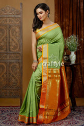 Pistachio green silk bomkai saree with zari border - indian traditional wear green orange silk saree 3