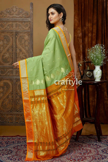 Pistachio green silk bomkai saree with zari border - indian traditional wear green orange silk saree 4