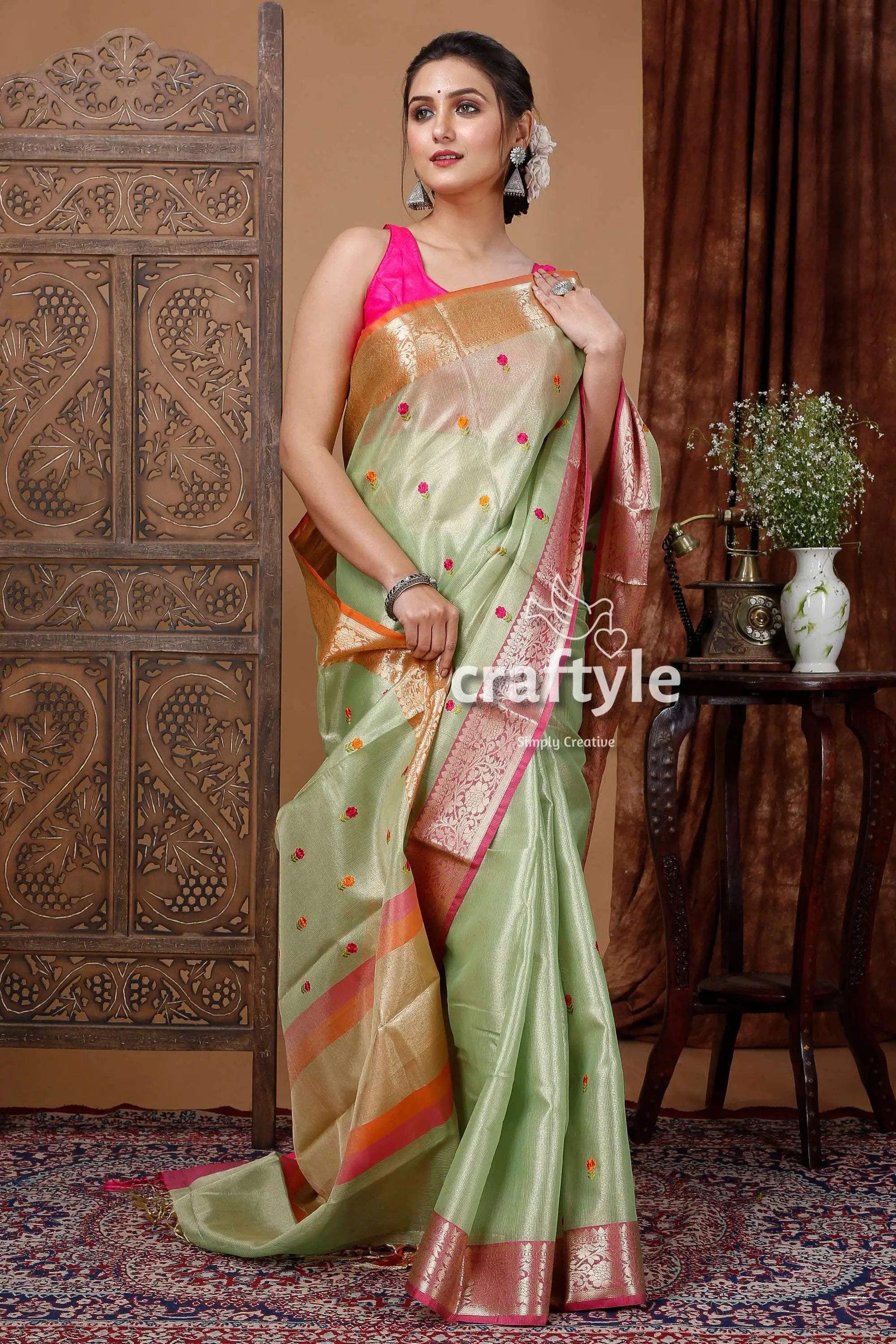 Pistachio green silk tissue organza saree - soft and elegant elegant green silk saree 5